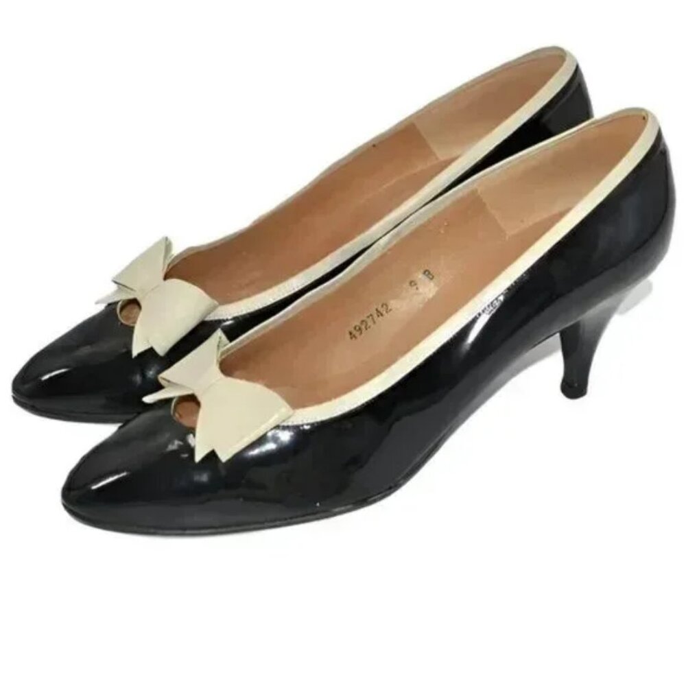 Palizzio Black Spanish Patent Leather Ivory Bow Minimalist Classic Pumps Heels 9 - Picture 4 of 13